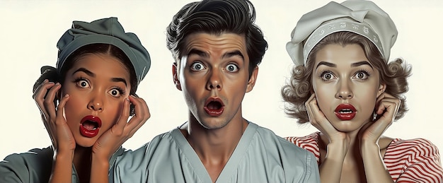 Photo a man and two women in scrubs and hats are looking at the camera