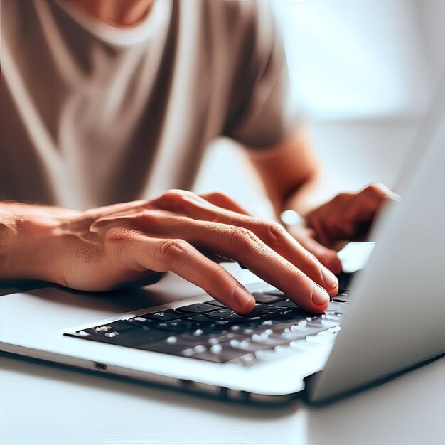 Photo a man typing on a laptop with a black keyboard