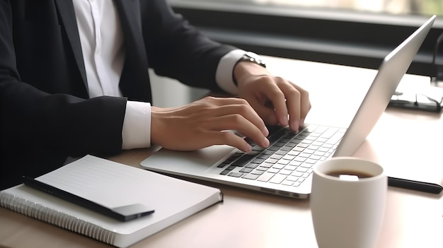 A man typing on a laptop with a cup of coffee in the background