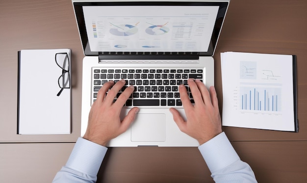 A man typing on a laptop with a document on the top of the screen.