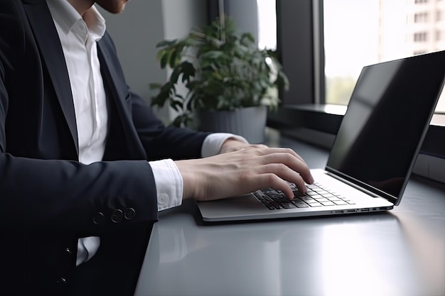 A man typing on a laptop with a plant in the background