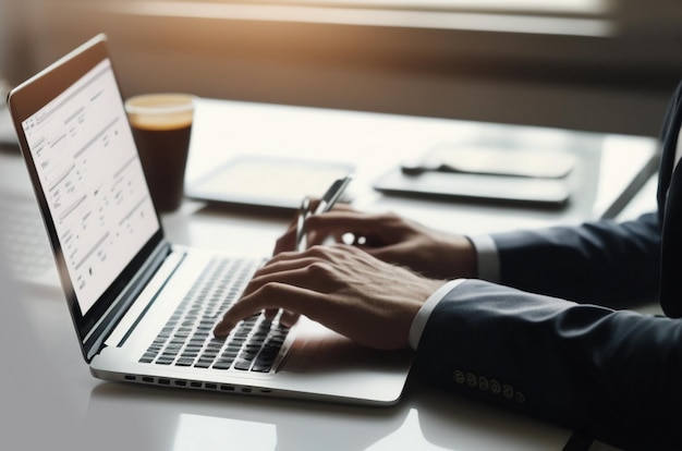 A man typing on a laptop with a screen that says data analytics on it.