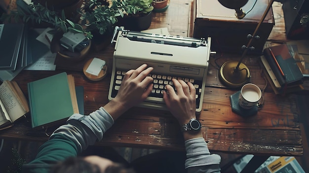 Photo a man typing on a typewriter with a green plant in the background