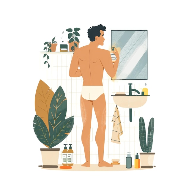 Man in Underwear Performing Morning Routine in Bathroom Illustration