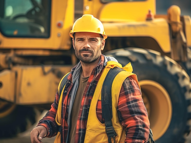 A man in a uniform and a safety helmet at a construction site