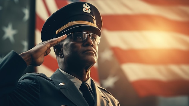 A man in uniform saluting in front of a flag Generative AI Art