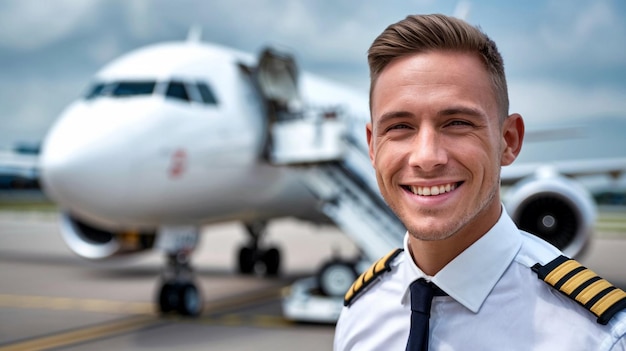 Photo a man in a uniform smiles next to a plane