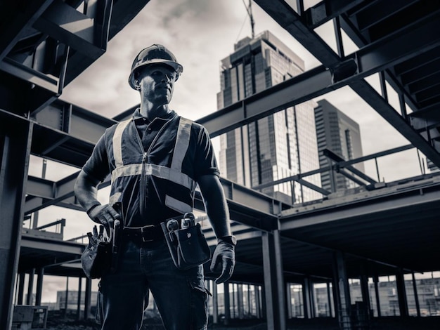 Photo a man in a uniform stands in front of a building with the number 4 on it