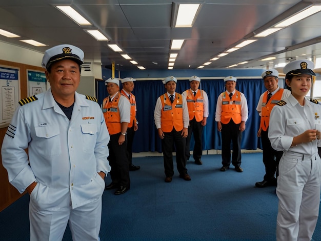 a man in a uniform stands in front of a group of men in orange vests