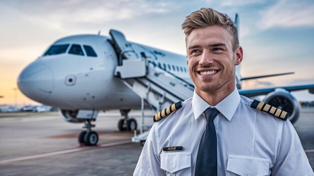 a man in a uniform stands in front of a plane