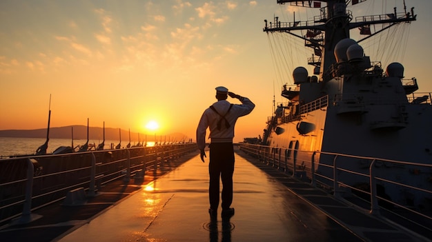 a man in a uniform stands on a ships platform