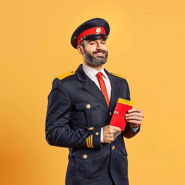 a man in a uniform with a red and yellow background