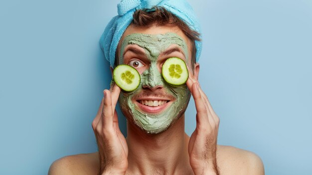 A man unshaven applying cucumber slices on his face for skincare benefits