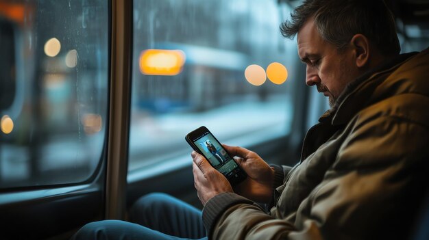 A man uses his phone while riding the bus