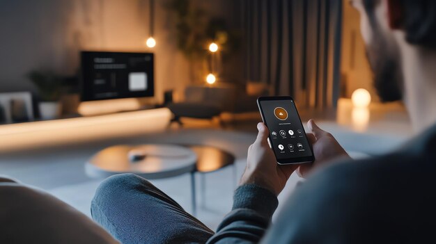 Photo a man uses a smartphone to control smart home devices in a living room