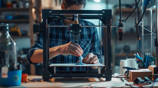 Man Using 3D Printer to Create Blue Object in Workshop