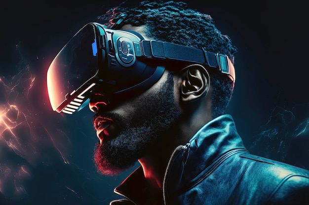 Man using bright futuristic VR glasses for exploring cyberspace and Metaverse on dark blue background