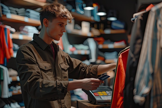 Man Using Credit Card for Clothes Shop Payment