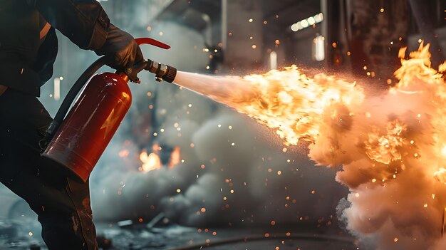 Photo man using fire extinguisher fighting fire closeup photo