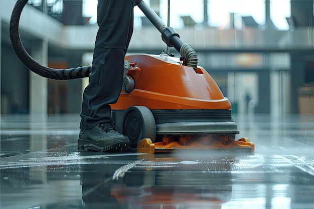 Photo a man using a floor cleaning machine to clean the floor