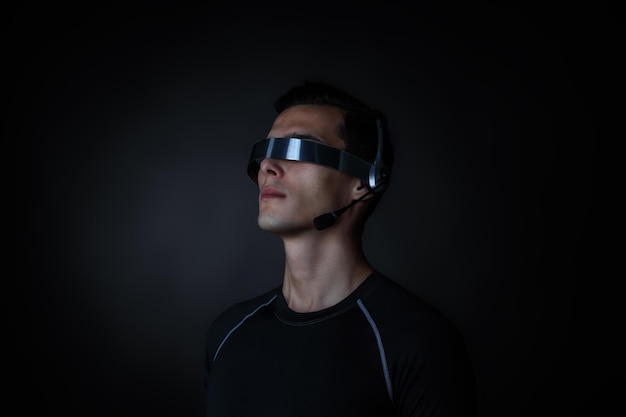 Man using futuristic VR goggles