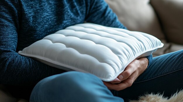 Man using heating pad indoors closeup view