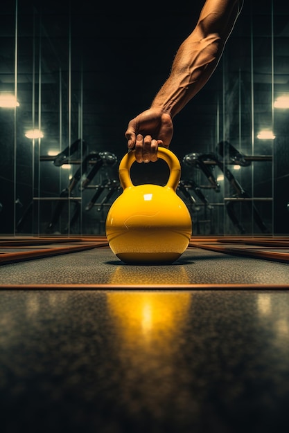 a man using a kettlebell in an indoor gym