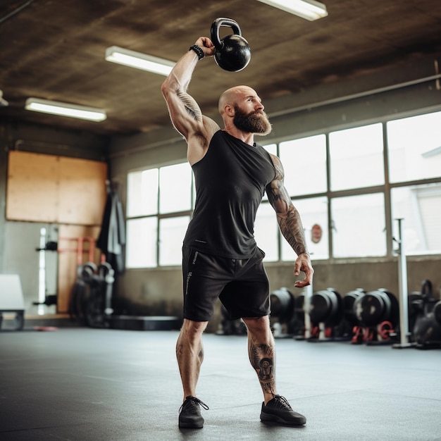 Photo a man using a kettlebell in an indoor