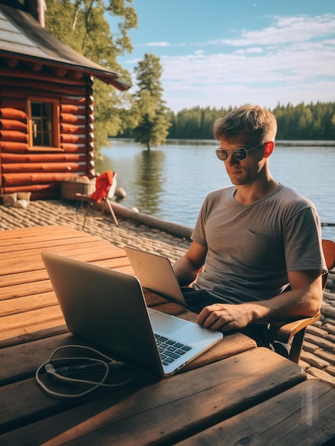 Photo a man using a laptop on a dock by a lake.