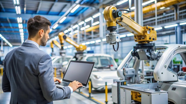 Photo a man using a laptop in a factory with a screen that says quot robot quot