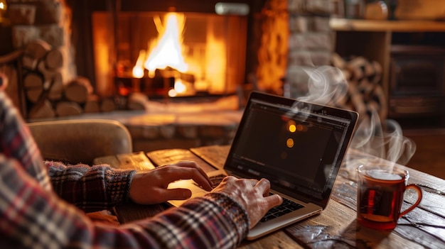 A man using a laptop on a rustic wooden table in a cozy cabin with a fireplace in the background and a steaming mug of tea