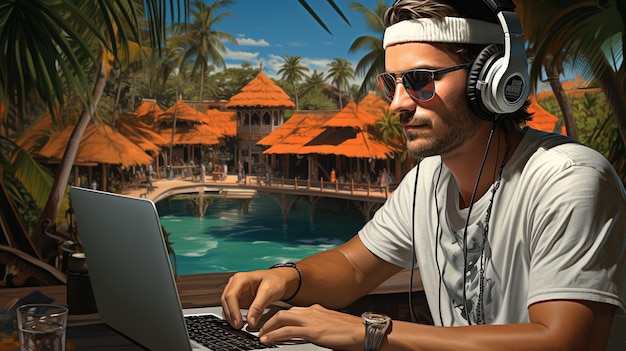 a man using a laptop with head phones