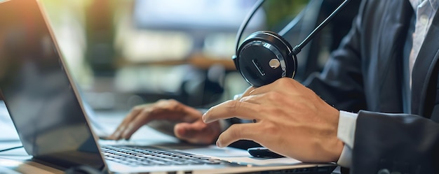 Photo a man using a laptop with a microphone on his keyboard