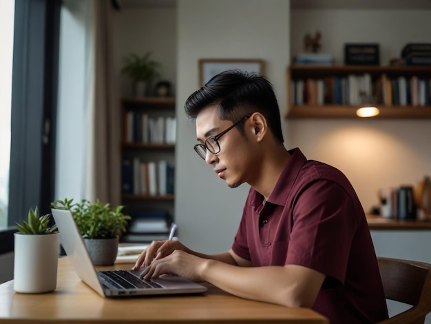 a man using a laptop with a plant on the table