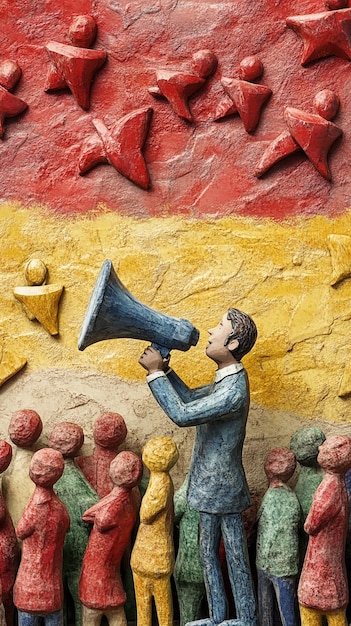 Photo man using megaphone to talk to crowd in primary colors