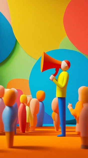 Photo man using megaphone to talk to crowd in primary colors