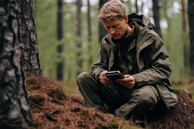 Man using mobile phone on field