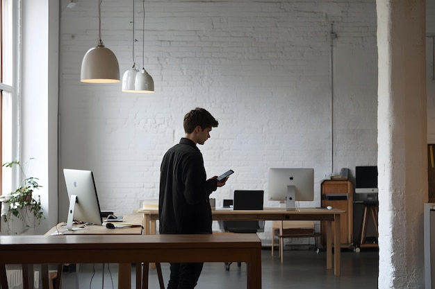 Photo man using phone in modern office with white brick wall