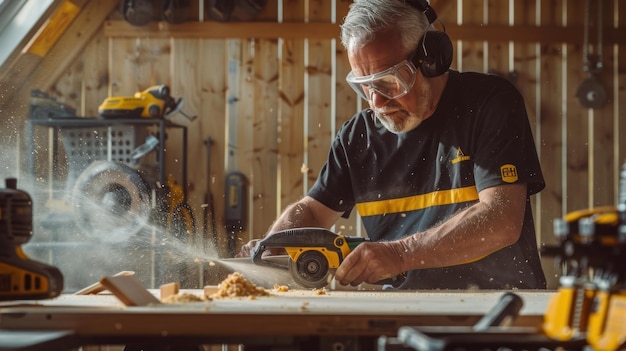 Man Using Power Tool in Workshop