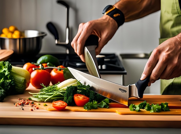 Photo man using sharp knives to chop fresh vegetables on table