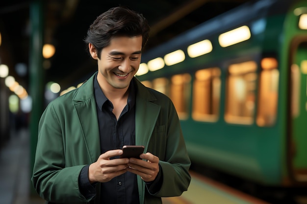 A man using smartphone in station