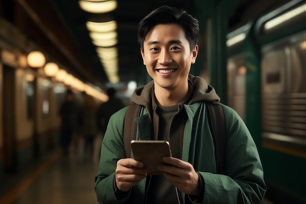 A man using smartphone in station