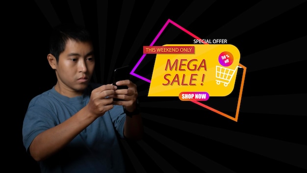 Man using smartphone with MEGA SALE discount banner promotion Ecommerce business online