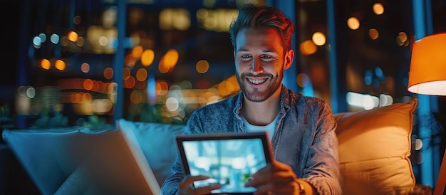 Man Using Tablet in a Cozy Nighttime Setting