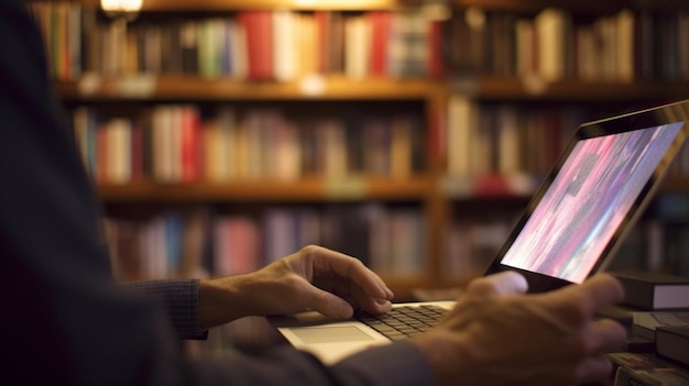 Man using tablet in library closeup Technology and education conceptgenerative ai