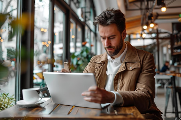 Man using tablet at table