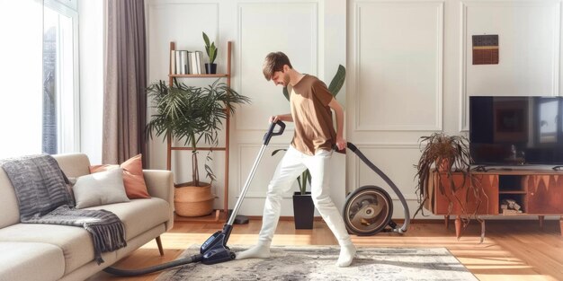 Photo man using the vacuum cleaner while listening to music he is dancing through the apartment