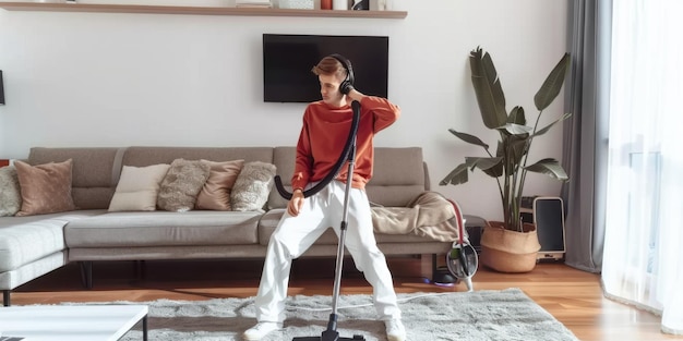 Photo man using the vacuum cleaner while listening to music he is dancing through the apartment