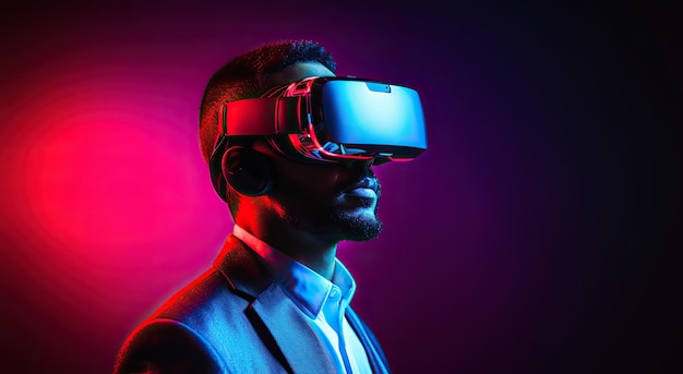 Man using virtual reality glasses on dark background VR glasses Headset device virtual reality