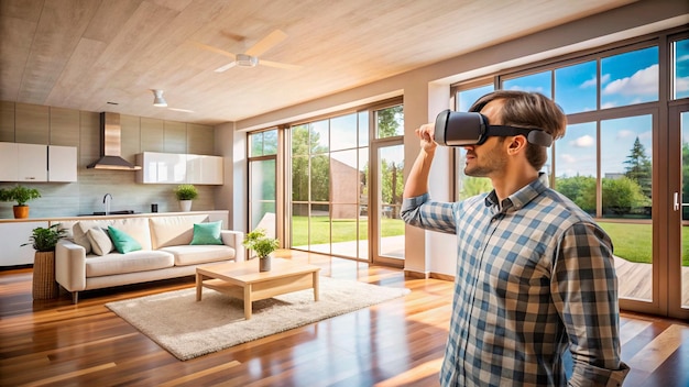 Photo man using virtual reality glasses at home